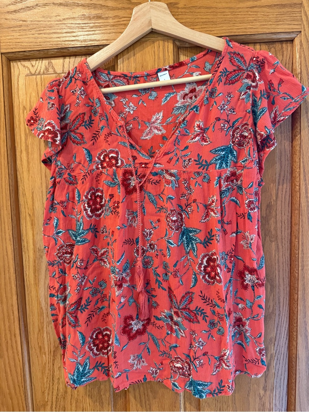 Old Navy Coral Floral V-Neck Short Sleeve Blouse